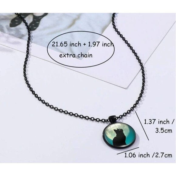 Glow in The Dark Black Cat & Moon Necklace Black Chain - Picture 4 of 6